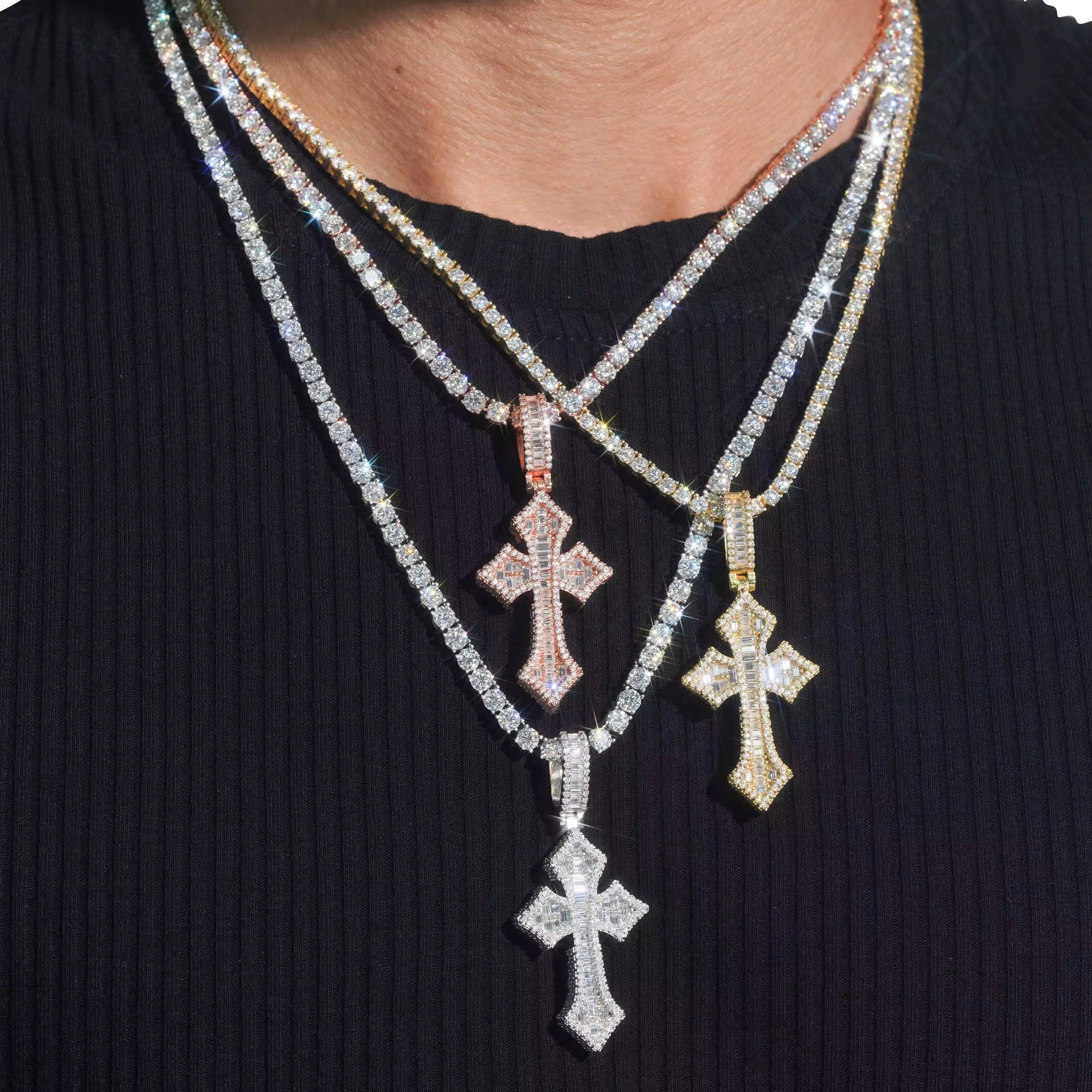 925 Silver Cross Pendant VVS Baguettes