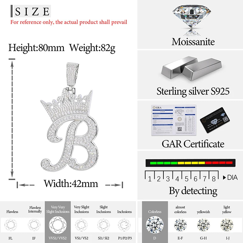 Crown Letter Pendant Silver 925 Moissanite