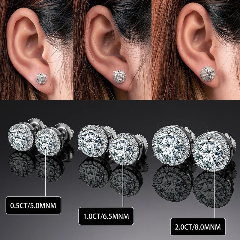 S925 Real 0.5-2CT Moissanite Round Stud Earrings