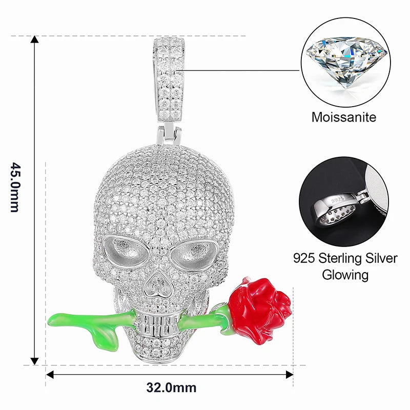 Glowing Skull Rose S925 Moissanite Pendant