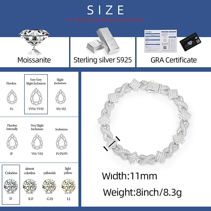 11mm VVS Moissanite Silver 925 Bracelet