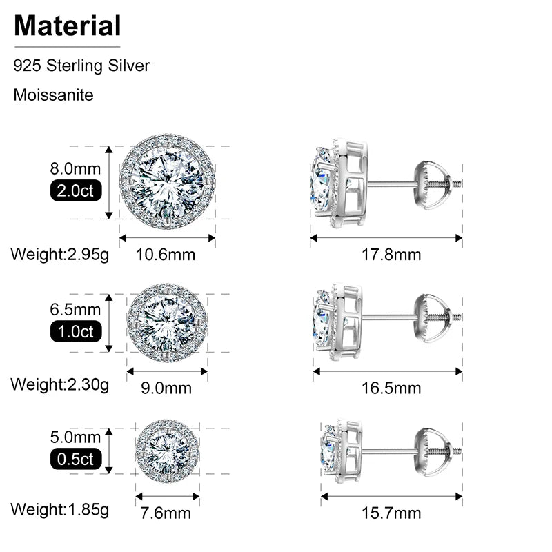 S925 Real 0.5-2CT Moissanite Round Stud Earrings